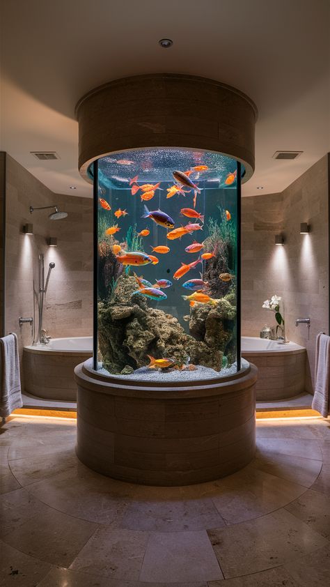 Opulent Bathroom Aquarium Inspirations Dream Aquarium, Fish Tank Home, Interior Aquarium, Aquariums Ideas, Fish Tank Counter, Fish Tank In House, Fish Tank Wall Aquarium Design, In Home Aquarium, In House Aquarium