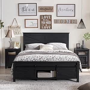 Black Western Bedroom, Store Sheets, Beds With Headboards, Barn Door Storage, Wood Bed Frame Queen, Full Size Storage Bed, Farmhouse Bed Frame, King Platform Bed Frame, Wood Platform Bed Frame