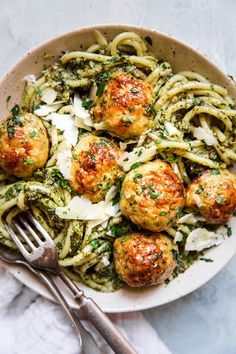 Baked Chicken Meatballs with Broccoli Pesto Pasta | The Modern Proper Broccoli Pesto Pasta, Pasta And Meatballs, Chicken Parm Meatballs, Chicken Meatballs Healthy, Ground Chicken Meatballs, Baked Chicken Meatballs, Broccoli Pesto, Chicken Meatball Recipes, The Modern Proper