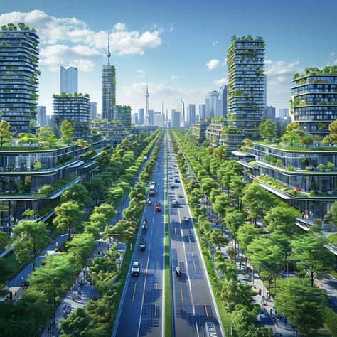 Urban Green Integration: Futuristic cityscape with lush greenery blending with high-rises under a clear blue sky. #city #green #futuristic #architecture #high-rises #aiart #aiphoto #stockcake ⬇️ Download and 📝 Prompt 👉 https://ayr.app/l/utRM Green City Aesthetic, Futuristic Green City, Solarpunk Future, Futuristic Town, Green Futuristic, City Reference, Green Cities, Futuristic Landscape, Futuristic Cityscape