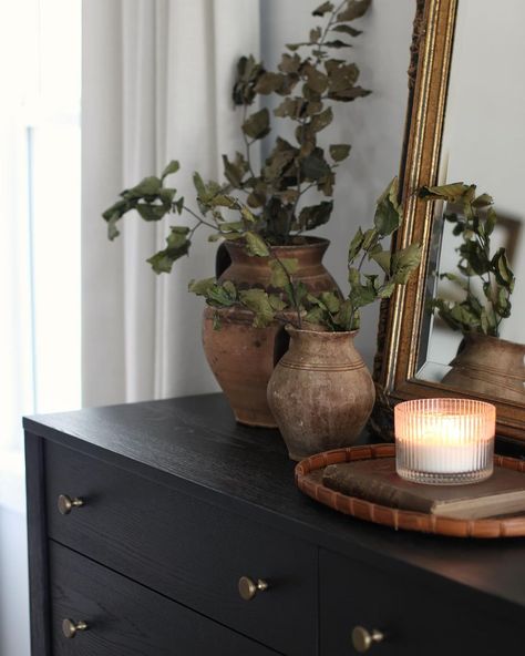 I just want you to know: Your dresser doesn’t have to match your nightstands. Don’t be afraid to step out of your comfort zone and mix up… | Instagram Room With Black Dresser, Black Dresser Decor, Bed And Nightstands, Black Dresser, Black Dressers, Wood And Black, Out Of Your Comfort Zone, Dresser Decor, Light Wood