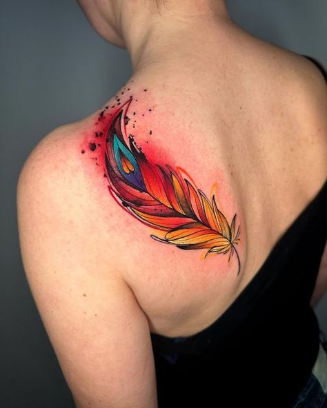 Phoenix Feather Tattoo Feminine, Neo Traditional Phoenix Tattoo, Phinox Tattoo, Phoenix Feather Tattoo, Phoenix Feather Tattoos, Quill Tattoo, Body Ideas, Phoenix Feather, Feather Quill