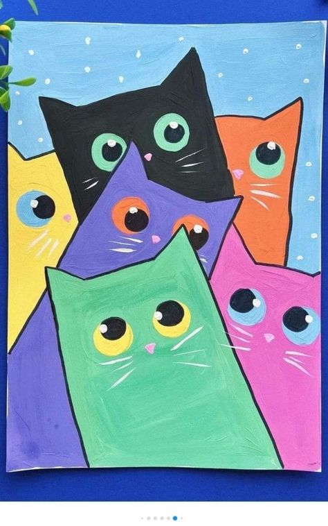 Cute Cat Painting Easy, Easy Cat Painting, Cat Painting Easy, Color Markers Art, فنسنت فان جوخ, Diy Chat, Winter Art Lesson, Doodle Painting, Posca Art