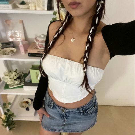 ribbon hairstyles hair coquette outfit inspo inspiration girly feminine aesthetic denim skirt tube top balero braids Coquette Braids, Tube Top Outfit Aesthetic, Tube Top Aesthetic, Hair Coquette, Angled Hair, Tube Top Outfits, Coquette Outfit, Tøp Aesthetic, Headband Outfit