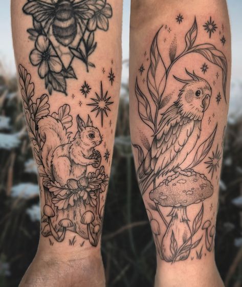 Still obsessed with these two wee guys I did a while ago! My client wants a little cute animal botanical moment around their preexisiting bee tattoo (not by me) and including their wee pet bird 🥹😭 had so much fun with this!! #tattoo #newcastletattooartist #botanicaltattoo #cutetattoo #birdtattoo #woodland #cottagecore #mushroomtattoo Mom And Baby Animal Tattoo, Animal Knee Tattoo, Woodland Animal Tattoo, Woodland Tattoos, Woodland Tattoo Sleeve, Possum Tattoo, Woodland Tattoo, Botanical Tattoo Sleeve, Cottagecore Tattoo