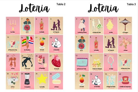 Bridal Shower Loteria in English and Spanish 54 Unique images, 30 Game Cards THIS LOTERIA GAME IS A DIGITAL FILE. NO PHYSICAL ITEMS WILL BE SHIPPED OR PRINTED. * For personal use only  Print on 8 1/2 x 11 cardstock or paper and laminate. Perfect to be inclusive of all family members. Players can use dried beans or markers/pens to mark off when their card is called. Make sure you provide each player with at least 16 beans. Game can be played many ways: -Centro (4 in center) -Chorro (4 in a row an Wedding Loteria Game, Bridal Shower Games Spanish, Bridal Shower Games In Spanish, Loteria Bridal Shower Ideas, Bridal Shower Loteria, Bridal Loteria, Spanish Themed Bridal Shower Ideas, Spanish Bridal Shower Ideas, Wedding Loteria