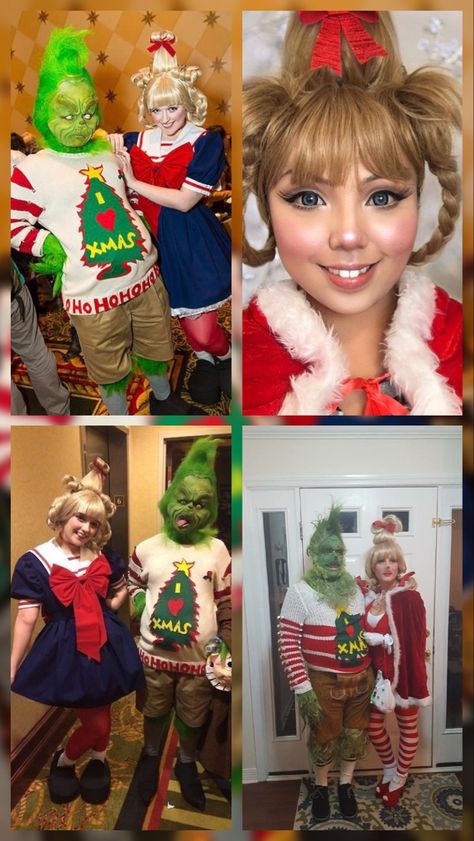 The Grinch Costume Families, Who’s From Whoville Costume, Whooville Outfits Ideas Diy, Whoville Dress Up Day At School, Grinch And Whoville Costumes, Halloween Grinch Costume, Diy Martha May Whovier Costume, The Grinch Characters Costumes, Cindy Lou Who Halloween Costume