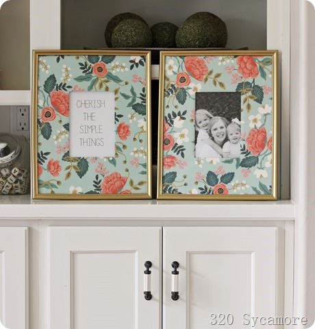 dollar store frames spray painted gold with wrapping paper mats | 320 Sycamore Blog Framed Wrapping Paper Wall Art, Dollar Store Frames, Crafts With Wrapping Paper, Framed Wrapping Paper, Picture Matting, Wrapping Paper Art, Craft Paper Wrapping, Paper Picture, Painted Picture Frames