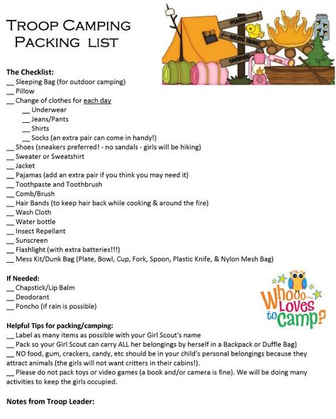 Girl Scout Troop Camping Packing List - Ideas from multiple sources compiled into this handy list! Girl Scout Camping Activities, Scout Camping Activities, Boy Scout Camping, Camping Activities For Kids, Scout Mom, Girl Scout Daisy, Girl Scout Camping, Girl Scout Activities, Camping Packing List