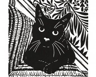 littleRamstudio | Etsy Cat Linocut, Art Musical, Linocut Printmaking, Lino Art, Black Cat Print, Stamp Carving, Linocut Art, Black Cat Art, Relief Print