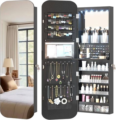 Amazon.com: Vlsrka 47.2" LED Mirror Jewelry Cabinet Wall Mounted or Door Hanging, Rounded Corner Jewelry Armoire Organizer, Lockable Full Length Mirror with Storage, Interior Mirror & Makeup Shelf (Black) : Clothing, Shoes & Jewelry Full Length Mirror With Storage, Mirror Chest Of Drawers, Mirror Jewelry, Mirror Jewellery Cabinet, Jewelry Organizer Wall, Display Jewelry, Frameless Mirror, Jewelry Mirror, Jewelry Cabinet