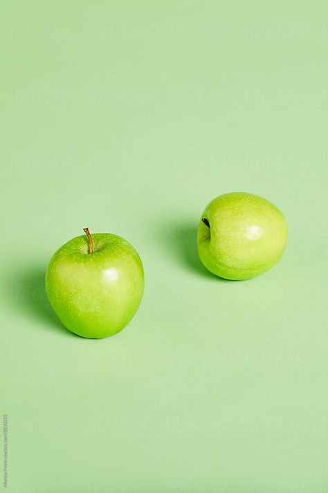 2 Green granny smith apples on matching green background, food, fun still life, studio photography Green Apple Aesthetic, Fun Still Life, Light Spring Color Palette, Green Apple Photography, Apple Photography, Apples Photography, Light Spring Colors, Granny Smith Apple, Background Food