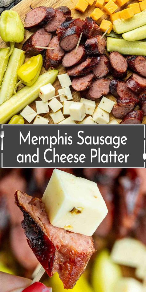 This Memphis sausage and cheese platter is an appetizer you'll find at any Memphis BBQ restaurant. Made with BBQ sausage, it is the perfect addition to summer BBQs! It's a charcuterie-style sausage platter made with BBQ smoked sausage, cubed cheddar and pepper jack cheese, dill pickle spears, pepperoncini, and a side of BBQ sauce, mustard, or ranch dressing. Cheese And Sausage Platter, Ham And Cheese Tray Platter Ideas, Southern Charcuterie Board, Cheese And Sausage Tray Ideas, Sausage And Cheese Plate, Bbq Smoked Sausage, Deli Meat Platter, Pickle Platter, Dill Pickle Spears