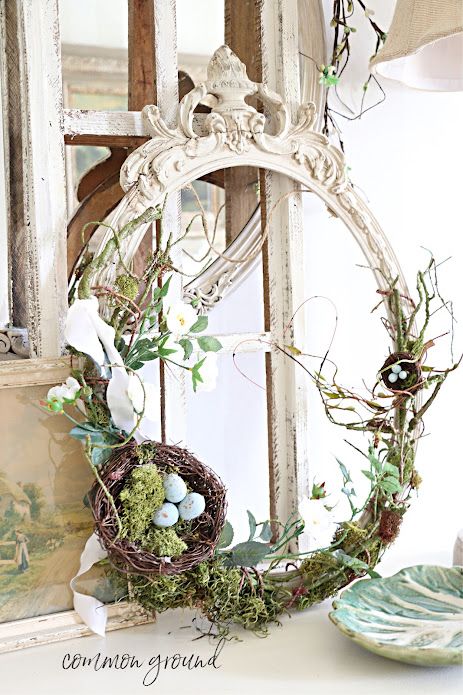 common ground : Vintage Cottage Weekend: Wild Victorian Wreath Vintage Spring Aesthetic, Color Palette Vintage, Vintage Spring Decor, Spring Mantle Decor, Victorian Wreath, Bird Nest Craft, Picture Frame Wreath, Spring Mantle, Country Romance