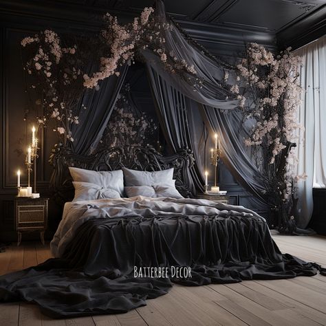 Gothic Bedroom Aesthetic Cozy, Victorian Black Bedroom, Dark Baroque Bedroom, Gothic Bedrooms Ideas, Gothic Witch Bedroom, Gothic Castle Bedroom, Victorian Rooms Bedrooms, Goth Aesthetic Bedroom, Victorian Gothic Decor Bedroom