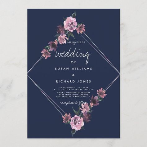 Navy blue purple pink geometric floral wedding invitation Navy Wedding Centerpieces, Wedding Flowers Elegant, Mauve Wedding Invitations, Blue Purple Wedding, Botanical Wedding Invitation, Purple Wedding Theme, Mauve Wedding, Country Style Wedding, Navy Wedding Invitations