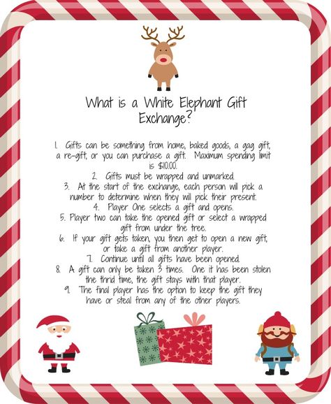 White Elephant Gift Exchange.  A fun idea for an office party, or evening out with friends. http://www.giftideascorner.com/white-elephant-gift/ Funny Christmas Party Invitations, Gift Exchange Ideas, Merry Gifts, White Elephant Christmas, Family Christmas Quotes, White Elephant Gift Exchange, Christmas Gift Exchange Games, Christmas Gift Games, Gift Exchange Games