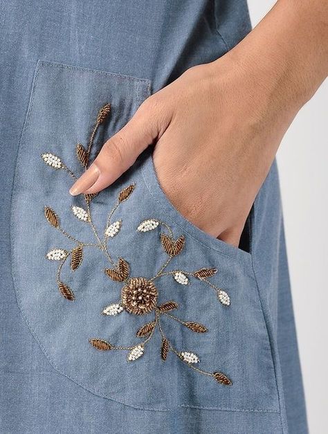 Pocket Kurti Design, Denim Kurti Designs, Denim Dresses Online, Sewing Pockets, Hand Embroidery Dress, Embroidery On Kurtis, Kurti Embroidery Design, Hand Embroidery Videos, Dress Neck Designs