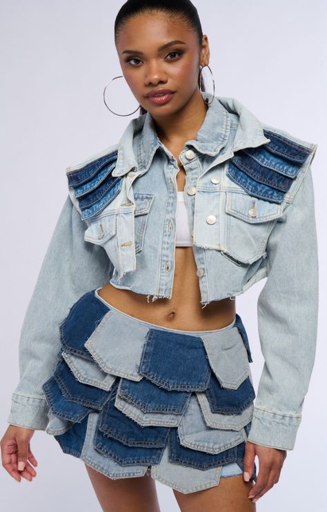 Distressed Denim Outfit, Denim Party Outfit, Upcycle Denim, Denim Crop Jacket, Denim Party, Thrifted Fashion, Jeans Patchwork, Be With Me, Blue Jean Outfits