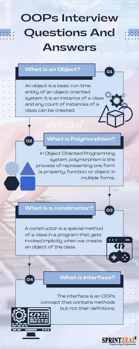 Most Popular OOPs Interview Questions And Answers
 most asked OOPs interview questions
Basic OOPs Interview Questions And Answers
What is an Object-Oriented Programming language?
What are some major Object Oriented Programming languages?
What are the main features of OOPs?
What are the types of Inheritance in OOPS?
What are multiple inheritances? C Programming Tutorials, Java Programming Tutorials, Java Tutorial, Basic Computer Programming, Web Development Programming, Computer Science Programming, Coding Lessons, Learn Computer Science, Programing Knowledge