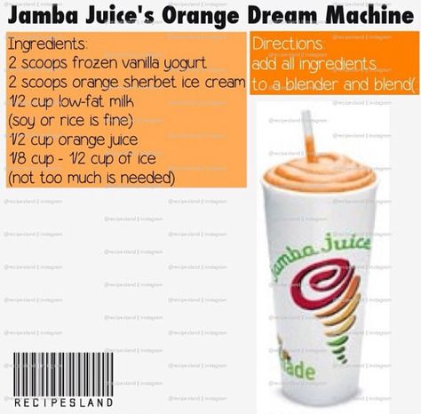 Jamba-orange dream machine Orange Dream Machine Recipe, Jamba Juice Recipes, Jamba Juice Smoothies, Orange Julius Recipe, Orange Smoothie Recipes, Juice Smoothies Recipes, Jamba Juice, Orange Dream, Vitamix Recipes