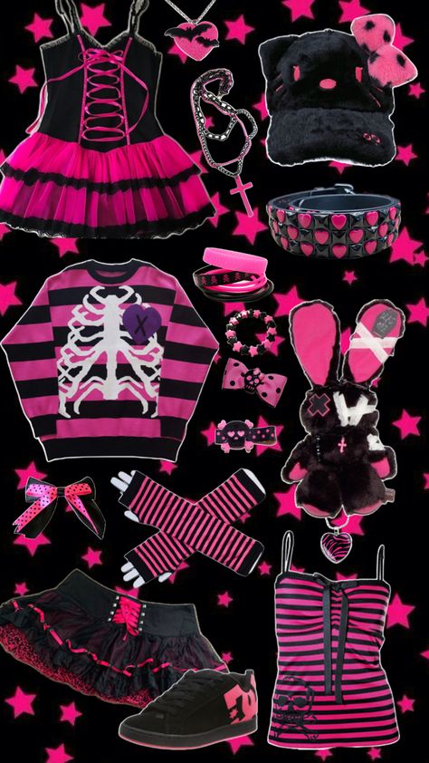 #scene #scenecore #emo #punk #pinkandblack #party #partygirl #juicycouture #victoriassecret #rave #raver #ravegirl #2000s #2014 #mcbling #skull #skulls #hellokifty #sanrio #OOTD #outfitinspo #goingout Hot Pink And Black Outfit, Scenecore Outfit, Pink And Black Outfit, Scene Core, Scene Outfits, Rave Girl, Scene Emo, Girly Accessories, Party Girls