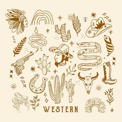 Western Doodle Tattoo, Western Script Tattoo, Western Folk Tattoo, Rodeo Doodles, Western Line Art Tattoos, Western Flash Tattoo Sheet, Simple Western Doodles, Western Style Embroidery, Western Sticker Tattoo