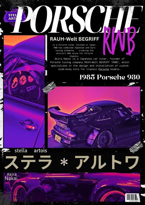 A graphic poster of Rwb Stella Artois Car Poster Wallpaper, Poster Purple, Porsche Poster, Rauh Welt, Limited Color Palette, Japanese Poster Design, Modern Logos, Porsche 930, Poster Wallpaper