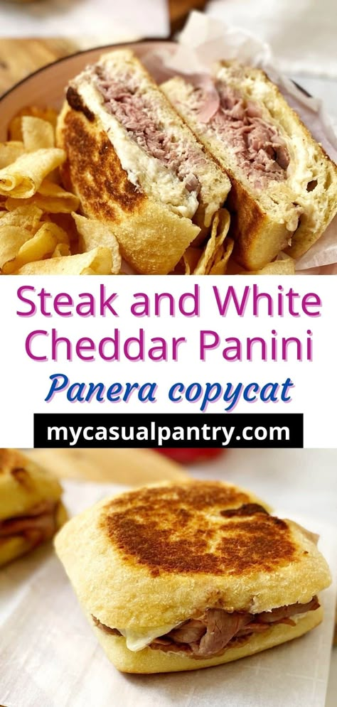 It couldn't be easier to recreate this Panera steak and white cheddar panini at home. Crusty bread, tangy horseradish sauce, and pickled onions take this steak and cheese from ordinary to extraordinary. Steak And Cheddar Sandwich, Roast Beef And Cheddar Panini, Steak Panini Recipes, Panera Panini Recipes, Recipes With White Cheddar Cheese, Steak And Cheese Panini, Copycat Panera Sandwich Recipes, Panera Steak And White Cheddar Panini, Beef Panini Recipes