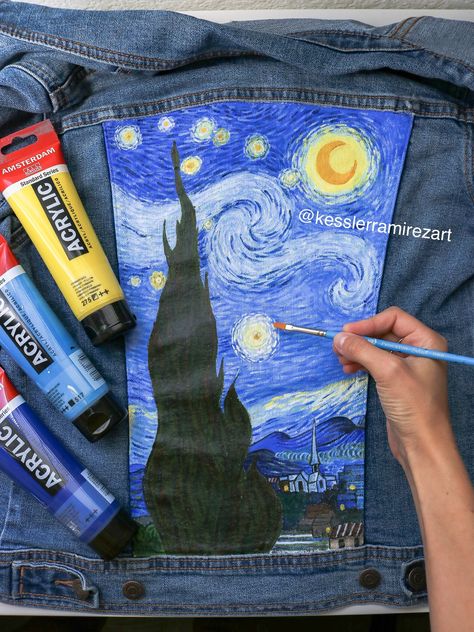 Denim Painting 101: Paint and Supplies | Kessler Ramirez Art & Travel Jacket Painting, Hand Painted Jacket, Jacket Hand Painted, Custom Denim Jacket, Hand Painted Denim Jacket, Denim Art, Painted Denim Jacket, Painted Jacket, Painted Bags