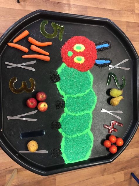 Hungry Caterpillar Sensory Tray, Hungry Caterpillar Messy Play, Fruit Tuff Tray Ideas, Bugs Tuff Tray, The Very Hungry Caterpillar Tuff Tray, The Hungry Caterpillar Eyfs, Hungry Caterpillar Tuff Tray Ideas, Garden Tuff Tray Ideas, Baby Tuff Tray Ideas