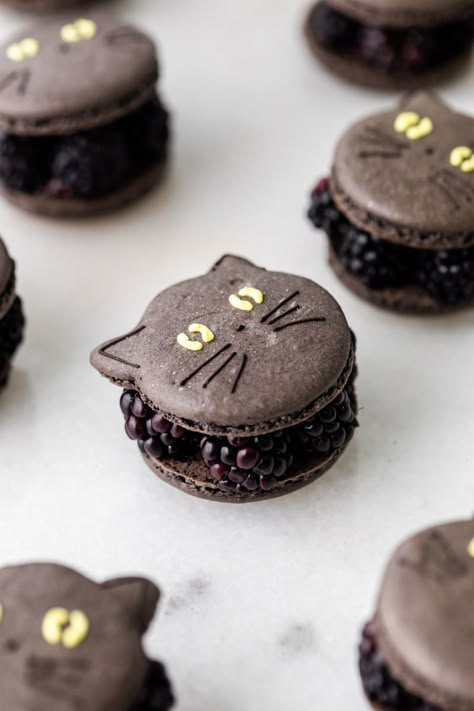 Blackberry Cat Macarons - Posh Little Designs Cat Macarons, Dark Chocolate Ganache Recipe, Chocolate Ganache Recipe, Black Food Coloring, Dark Chocolate Ganache, Ganache Recipe, French Macaron, Halloween Food Treats, Almond Meal