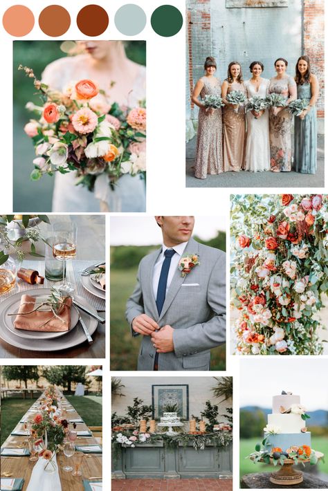 Late Summer Color Palette Wedding, Boho Beach Wedding Color Palette, Orange Wedding Colors Summer, Sage Green And Terracotta Wedding Spring, June Wedding Decorations, Green Wedding With Pop Of Color, September Wedding Colors 2023, Emerald And Peach Wedding, Spring Boho Wedding Colors