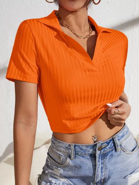 Radiate Confidence: Unleashing Your Inner Glow with Neon Outfit Ideas Polo Crop Top Outfit, Neon Outfit Ideas, Orange Top Outfit, Orange Shirt Outfit, 80s Inspired Outfits, Polo Crop Top, Top Summer Outfits, Hit Or Miss, Neon Dresses