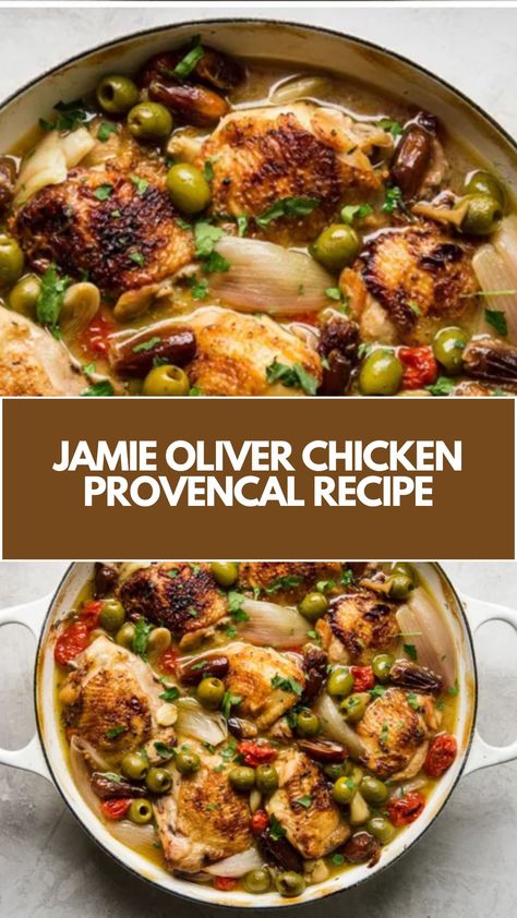 Jamie Oliver Chicken Provencal is made with chicken thighs, cherry tomatoes, green olives, shallots, and garlic. This easy Chicken Provencal recipe creates a tasty dinner that takes about 1 hour and 30 minutes to prepare and can serve up to 8 people. Jamie Oliver Healthy Recipes, Chicken Provencal, Jamie Oliver Chicken, Celebrity Food, Chicken Leg Recipes, Stanley Tucci, Olive Recipes, Chicken With Olives, Jamie Oliver Recipes