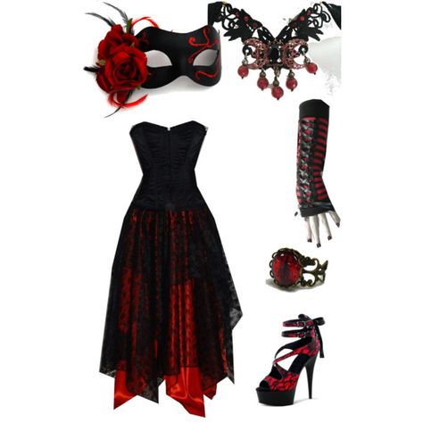 Red and Black Masquerade by ilovethegreenarrow on Polyvore Masquerade Ball Outfits, Masquerade Outfit, Black Halloween Dress, Masquerade Party, Gothic Outfits, Goth Outfits, Halloween Dress, Ball Dresses, Fancy Dresses