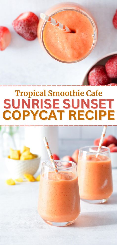 strawberry mango smoothies Sunrise Sunset Smoothie, Sunset Smoothie, Tropical Smoothie Recipes, Tropical Smoothie Cafe, Mango Smoothie Recipes, Fruit Smoothie Recipes Healthy, Banana Drinks, Smoothie Drink Recipes, Summer Smoothies