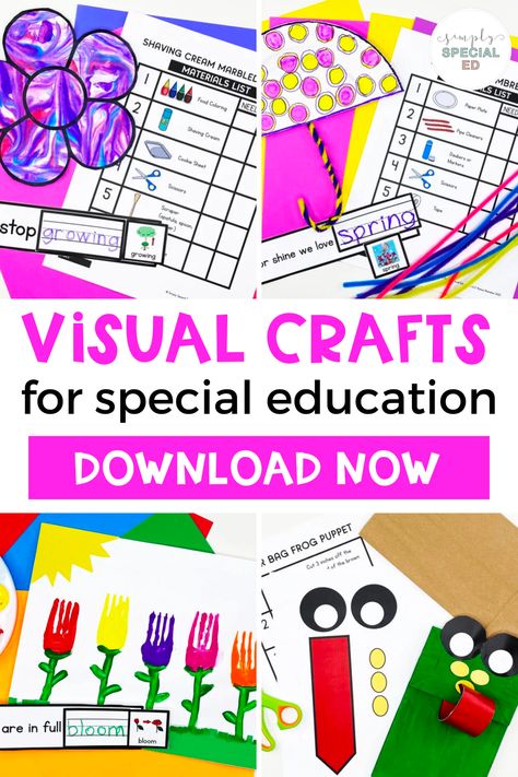 Looking for some fun special education crafts? These spring visual crafts are the perfect addition to your spring lesson plans. Students get to work on following directions, fine motor skills, and more with these hands-on activities for spring. You will get 4 kids crafts for spring with this download. You can also use these for a Mother’s Day craft and gift as well. Special Education Art Projects Elementary, Sped Crafts Special Education, Special Ed Art Lessons, Special Education Crafts Art Ideas, Special Education Crafts, Valentines Sped Activities, Sped Crafts, Free Adapted Books For Special Education, Hands On Crafts