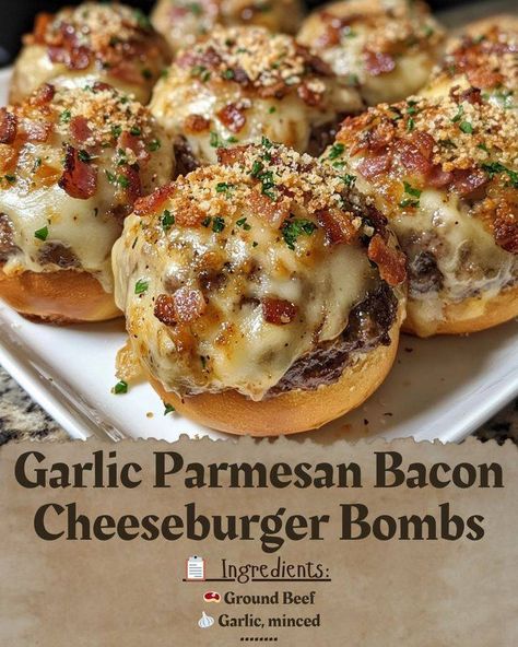 🔥 Ultimate Garlic Parmesan Bacon Cheeseburger Bombs 🧄🧀🥓 Looking for a crowd-pleasing, flavor-packed snack or appetizer? These cheesy, savory Bacon Cheeseburger Bombs are stuffed with garlic, Parmesan, and crispy bacon goodness—perfect for game day, parties, or a cozy night in. 😋 Don't forget to save this recipe for later, and let us know in the comments how yours turn out! #CheeseburgerBombs #FoodGoals #YummyEats 🍽️ 📝 Ingredients: 1 lb Ground Beef 🥩 2 cloves Garlic, minced 🧄 ½ cup Parmesan ... Garlic Parmesan Bacon Cheeseburger Bomb, Garlic Parmesan Bacon Cheeseburger, Garlic Parmesan Bacon Cheeseburger Bites, Easy Low Ingredient Recipes, Garlic Parmesan Bacon Cheeseburger Bombshell, Desserts With Bacon, Garlic Butter Bacon Cheeseburger Rollups, 1 Lb Ground Beef Recipes For Dinner, Easy Munchies Snacks