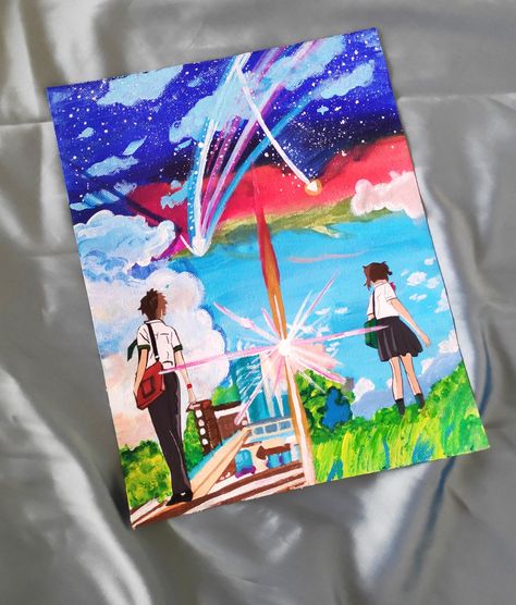 My first canvas painting / your name / Japanese movie / your name anime / kimi no no wa Your Name Anime Sketch, Your Name Drawing Pencil, Your Name Painting, Your Name Drawing, Anime Canvas Painting, Name Drawings, Name Paintings, Purple Quotes, Your Name Anime