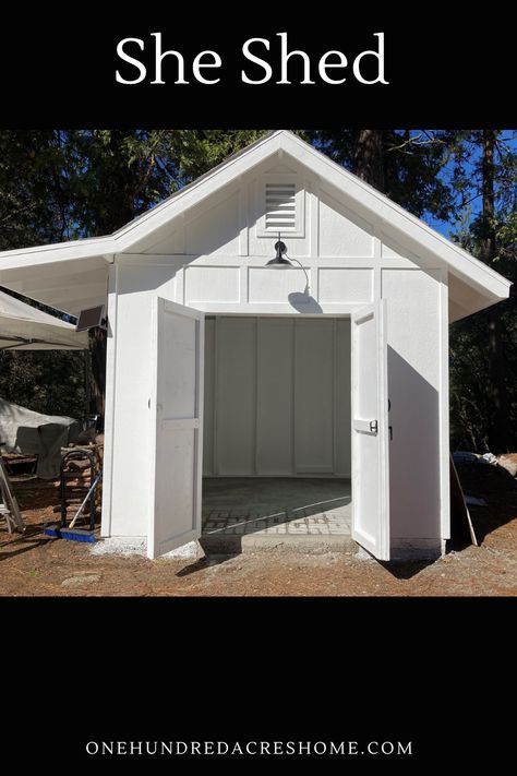 Steps to build your own cute farmhouse style she shed. 10x10 Storage Shed, Garden Shed Inside Ideas, Tool Shed Diy, Farmhouse She Shed, Tool Closet, Garden Closet, 8x12 Shed, Farmhouse Shed, She Shed Garden