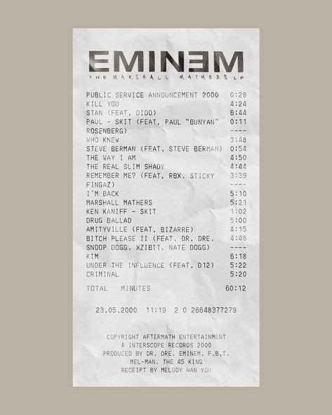 ALBUM RECEIPTS on Instagram: ““The Marshall Mathers LP” by Eminem (@eminem) HAPPY 20TH ANNIVERSARY!!” Eminem Happy, Sticky Fingaz, Album Receipts, The Marshall Mathers Lp, Happy 20th Anniversary, Eminem Wallpapers, I Am 4, The Real Slim Shady, Film Posters Minimalist