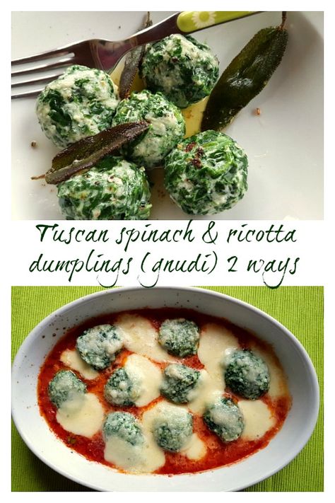 These melt-in-your-mouth ricotta and spinach Italian dumplings can be baked in a homemade tomato sauce with melted mozzarella or served with a sage butter. Check out these 2 recipes for Tuscan gnudi (malfatti) Pretty easy recipe to make and so yummy! #gnudi #gnocchi #malfatti #bakedgnocchi #bakedpasta #italianrecipes #thepastaproject #authenticitalianpasta #italianfood #gnudi #dumplings | @thepastaproject Italian Dumplings, Gnudi Recipe, Ricotta Dumplings, Tuscan Recipes, Spinach And Ricotta, Vegetarian Pasta Recipes, Sage Butter, Spinach Ricotta, Italian Pasta Recipes