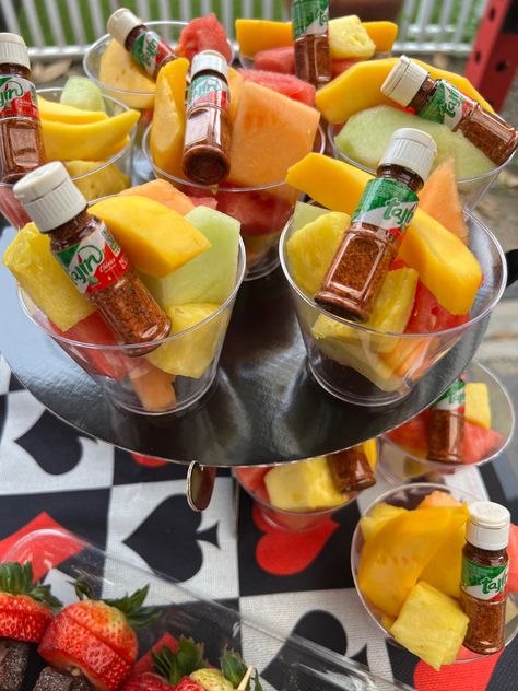 Chamoy Party Table, Snack Table Mexican Party, Mexican Fruit Bar Ideas, Mexican Candy Wedding Table, Fruit Cups With Tajin, Quince Snack Table Ideas, Michelada Station Ideas, Fruit Cups For Party Mexican, Tostilocos Table Party Ideas