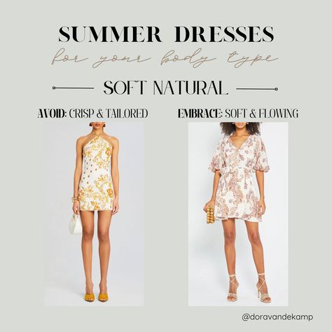 Dora | Image & Style | Color Analysis & Kibbe Body Types | Save this for choosing your best style for 🌸 summer dresses 🌸 if your Body Typology is SOFT NATURAL! #softnatural #summerstyle… | Instagram Soft Natural Dress, Soft Natural Dresses, Sn Kibbe, Soft Natural Kibbe, Kibbe Soft Natural, Kibbe Body Types, Natural Kibbe, Natural Dress, Style Analysis