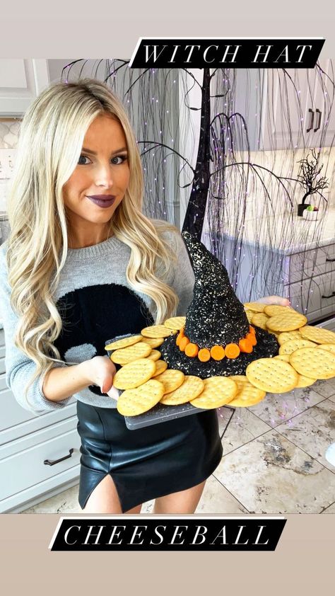 Witch Hat Cheese Ball, Halloween Appetizers Cheese Ball, Cheeseball Pumpkin Shape, Halloween Apatizers For Party, Cheese Ball Shaped Like A Pumpkin, Cheese And Cracker Halloween Tray, Halloween Cheese Ball, Halloween Party Planning, Cream Cheese Ball