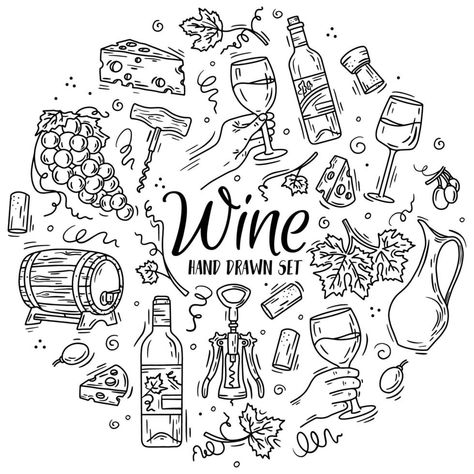 Vector set with wine and cheese in Doodle sketch style. Wine Journal Ideas, Wine Coloring Pages, Wine Doodle Art, Wine And Cheese Drawing, Wine Doodle, Wine Sketch, Cheese Drawing, Wine Illustration, Wine Tattoo