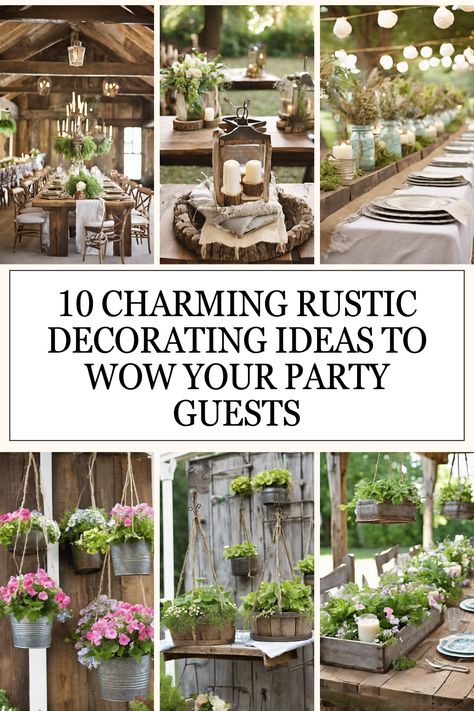 Looking to throw a party that feels warm and welcoming? Check out these 10 rustic decorating ideas that will add charm and coziness to any gathering. From DIY mason jar lights to rustic table settings, these easy and creative tips will make your event one to remember. Get inspired and bring that rustic vibe to your next celebration! Rustic Party Decor Ideas, Rustic Table Centerpieces Party, Wedding Decor Table Ideas Rustic, Farm To Table Decor, Engagement Party Table Setting, Rustic Birthday Party Ideas, Table Settings Rustic, Rustic Theme Party, Rustic Table Settings