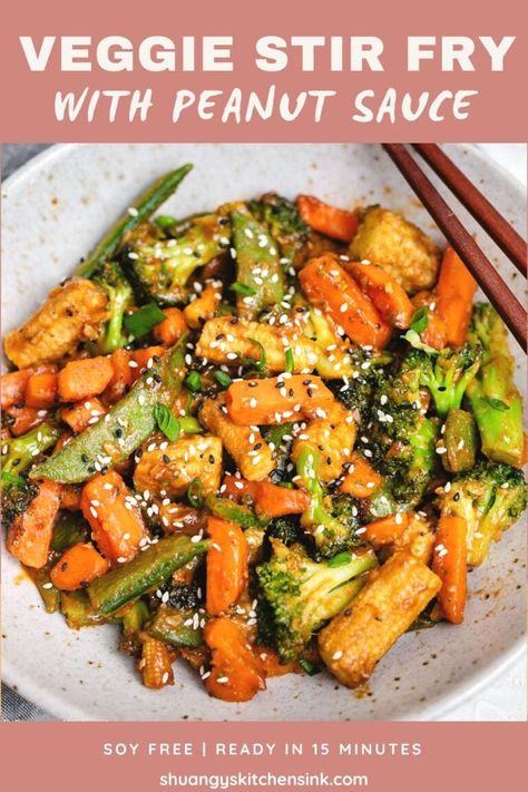 Vegetable Stir Fry with Peanut Sauce {15 Minutes} | Shuangy's Kitchensink Asian Vegetable Stir Fry, Stir Fry With Peanut Sauce, Peanut Sauce Stir Fry, Asian Peanut Sauce, Tofu Stir Fry, Asian Vegetables, Freezer Meal Prep, Veggie Stir Fry, Fried Vegetables