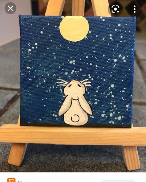 4x4 Paintings, The Moon Painting, Looking At The Moon, Mini Easel, Acrylic Art Projects, Sheet Music Art, Bunny Painting, Small Canvas Paintings, Simple Canvas Paintings